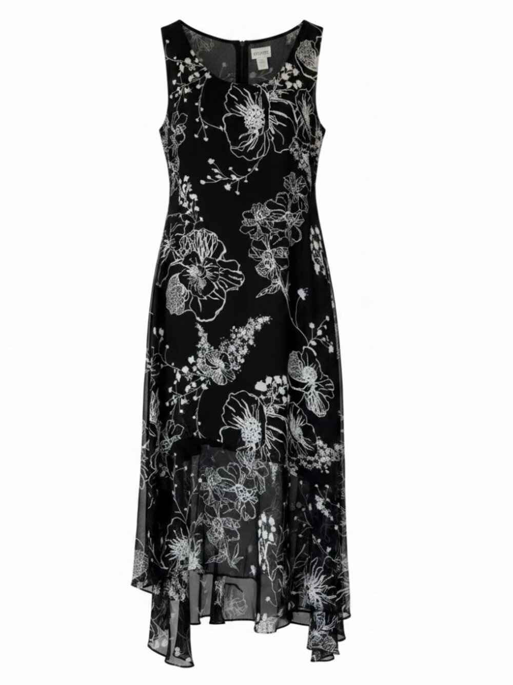 100% Silk Black White Floral Dress Flowy Sleeveless sheer Chico’s 1